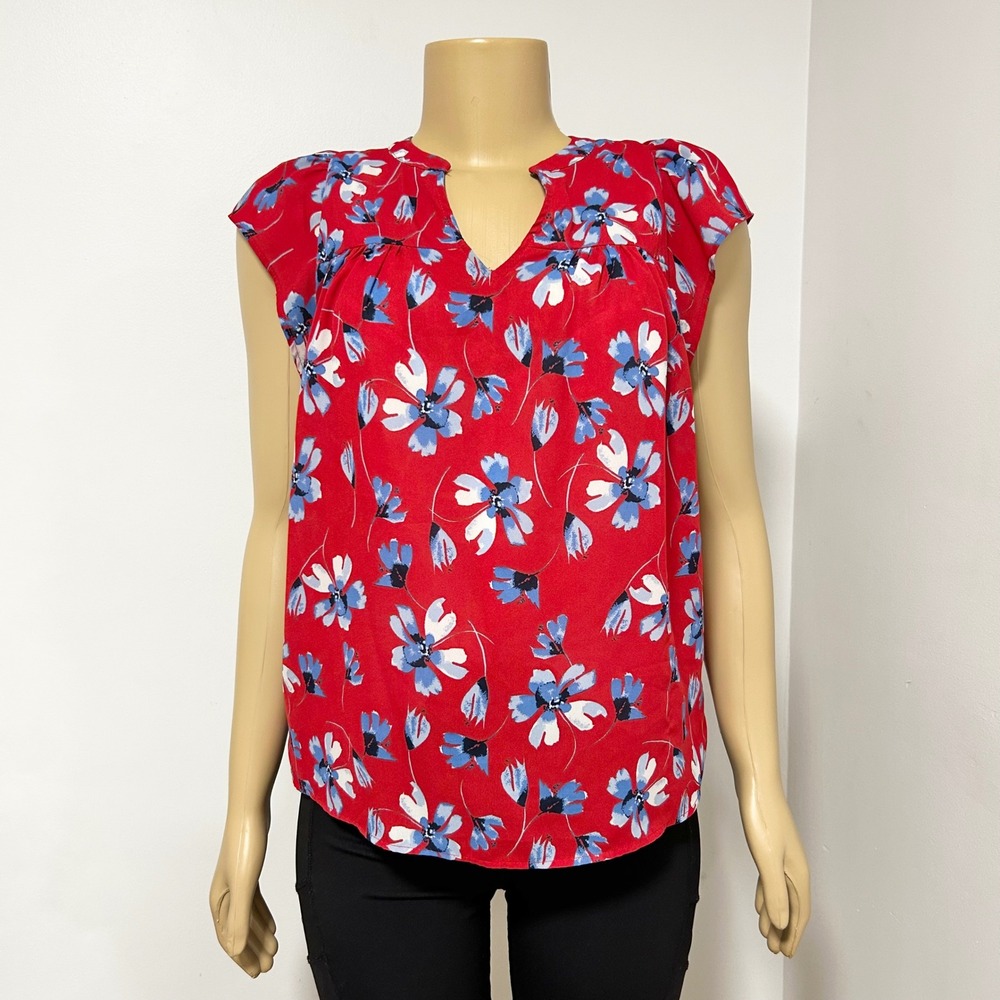 Banana Republic Red Floral Print V Neck Flutter Sleeve Blouse Top XS
